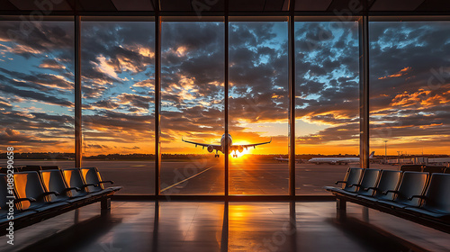 Stunning sunset view from airport terminal with airplane silhouette