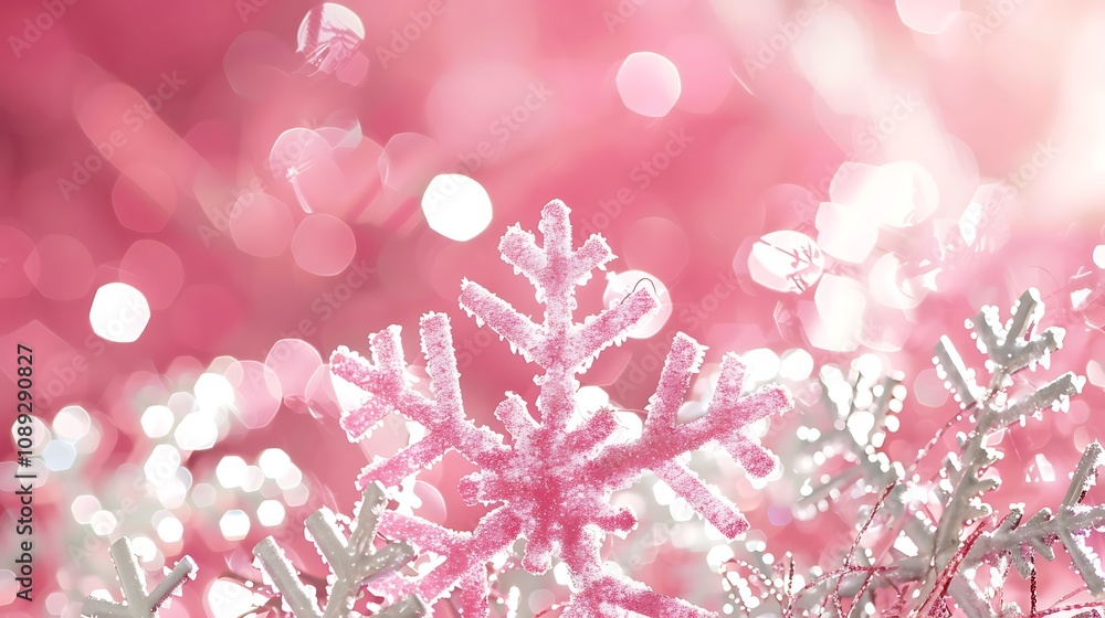 A whimsical, pink-themed winter scene featuring snowflakes and bokeh effects for festive or decorative purposes. A whimsical, pink-themed winter scene featuring snowflakes and bokeh effects for festive or decorative purposes.