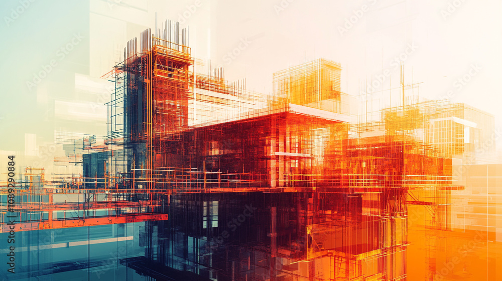 Modern architectural structure showcasing vibrant colors and intricate frameworks in urban setting Modern architectural structure showcasing vibrant colors and intricate frameworks in urban setting
