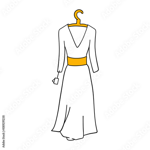 Dress on hanger. White wedding dress with label. Elegant female clothes in store. New fashion women clothing collection. Garment shop. Cartoon hand drawing flat vector illustration isolated