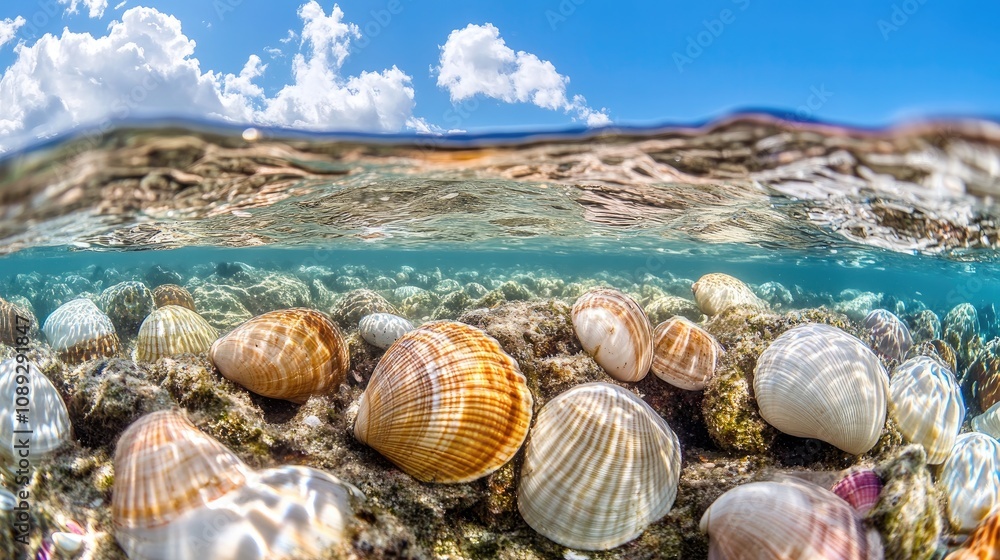 Rocks surrounded by diverse sea shells underwater, showcasing vibrant colors and clear blue water under a bright sky with fluffy clouds. Rocks surrounded by diverse sea shells underwater, showcasing vibrant colors and clear blue water under a bright sky with fluffy clouds.