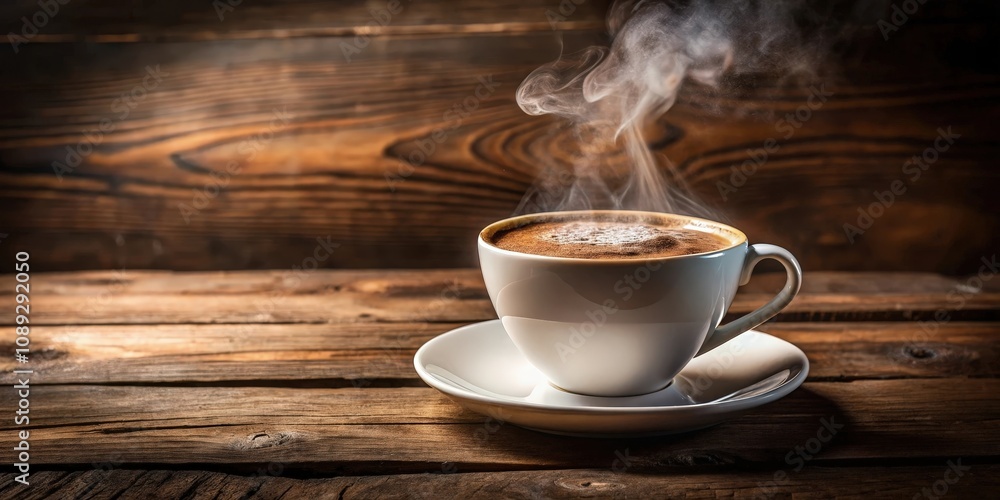 A steaming cup of coffee sits on a rustic wooden table, the aroma filling the air. A steaming cup of coffee sits on a rustic wooden table, the aroma filling the air.