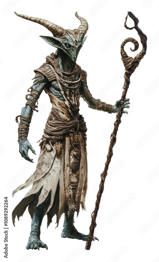 Fototapeta premium PNG Horned creature in ancient garb with staff