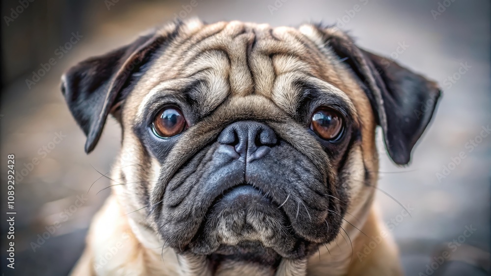 Close-up Portrait of a Pug's Inquisitive Gaze, Capturing the Essence of Canine Curiosity and Playfulness Close-up Portrait of a Pug's Inquisitive Gaze, Capturing the Essence of Canine Curiosity and Playfulness