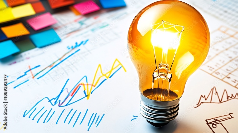 Glowing Lightbulb Surrounded by Sketched Graphs on Table Symbolizing Creative Idea and Business Analytics Glowing Lightbulb Surrounded by Sketched Graphs on Table Symbolizing Creative Idea and Business Analytics