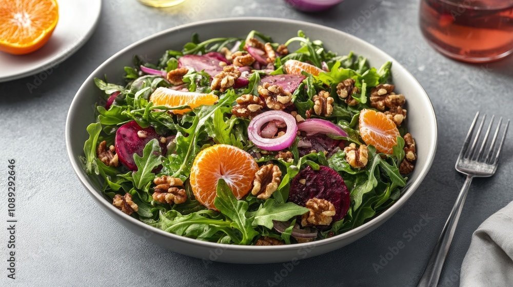 Vibrant salad with beets, orange slices, arugula, lamb lettuce, red onion, walnuts, and tangerine on a gray table, showcasing a healthy vegan dish. Vibrant salad with beets, orange slices, arugula, lamb lettuce, red onion, walnuts, and tangerine on a gray table, showcasing a healthy vegan dish.