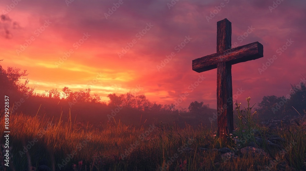 Rustic Wooden Cross Standing in a Meadow Surrounded by Lush Grass Under a Vibrant Sunset Sky of Red and Orange Shades Rustic Wooden Cross Standing in a Meadow Surrounded by Lush Grass Under a Vibrant Sunset Sky of Red and Orange Shades
