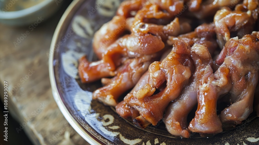Tender roasted pig feet arranged on a decorative plate, glistening with savory glaze and showcasing rich textures, ready for a delicious feast.