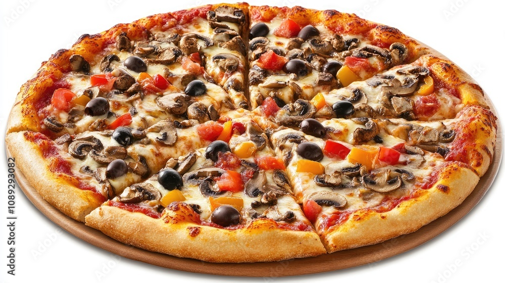 Deliciously topped pizza featuring a medley of mushrooms, mozzarella cheese, bell peppers, tomatoes, and olives, evenly sliced for sharing. Deliciously topped pizza featuring a medley of mushrooms, mozzarella cheese, bell peppers, tomatoes, and olives, evenly sliced for sharing.