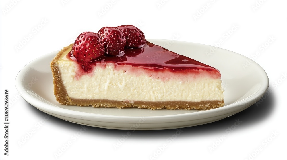 Delicious slice of strawberry cheesecake topped with fresh strawberries and shiny glaze, elegantly presented on a simple white plate. Delicious slice of strawberry cheesecake topped with fresh strawberries and shiny glaze, elegantly presented on a simple white plate.