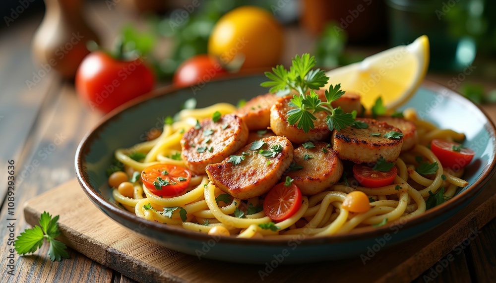 Close-Up of a Colorful Plate of Food with Fresh Herbs and Lemon. Close-Up of a Colorful Plate of Food with Fresh Herbs and Lemon.