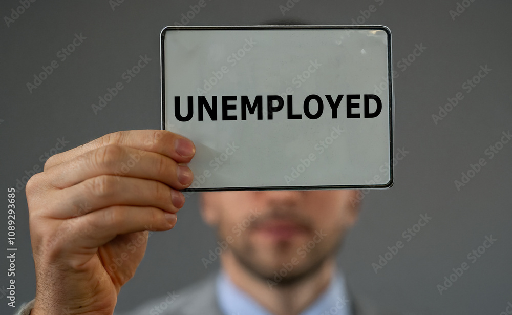 Man holding a sign with the text 'unemployed'. 