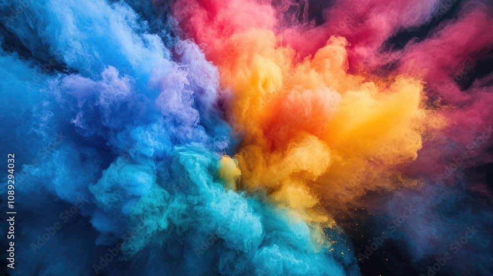 Naklejka premium Dynamic burst of colorful powder clouds in vivid shades of blue, pink, orange, and yellow against a dark background.