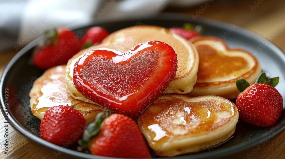 Valentine's Day breakfast with heart-shaped pancakes and strawberries