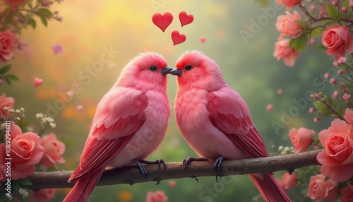 Two Vibrant Pink Birds Sharing a Tender Moment in a Lush Garden