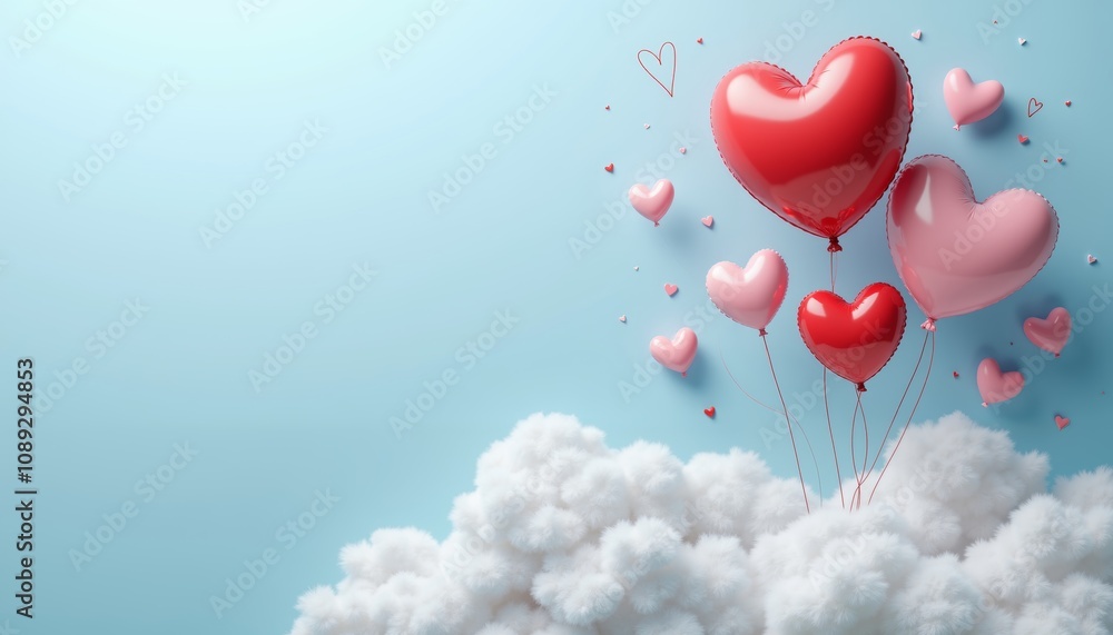 Whimsical Cloud Formation with Heart-Shaped Balloons in Romantic Design Whimsical Cloud Formation with Heart-Shaped Balloons in Romantic Design