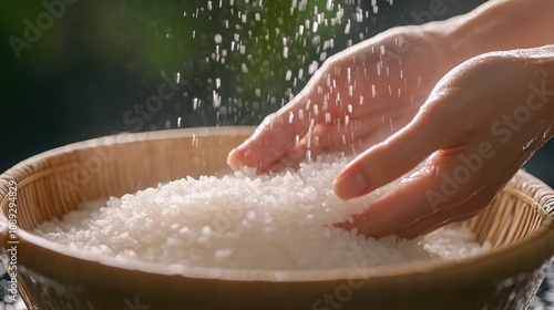 hands sprinkling rice in a wooden bowl with a soft focus background