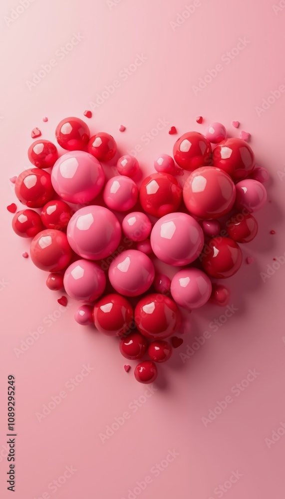Heart-Shaped Arrangement of Glossy Pink and Red Spheres in 3D Design Heart-Shaped Arrangement of Glossy Pink and Red Spheres in 3D Design