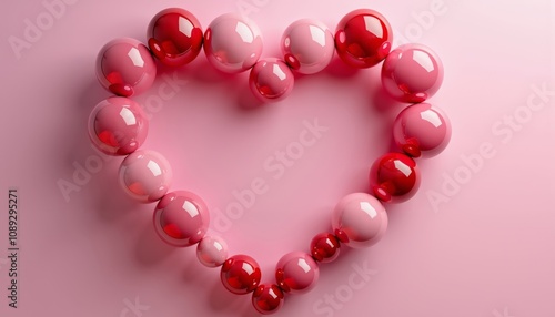 Heart-Shaped Arrangement of Glossy Pink and Red Spheres in 3D.