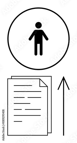 Person icon in a circle above two stacked documents with an upward arrow. Ideal for career growth, job application processes, document management, personal development, goal setting, business