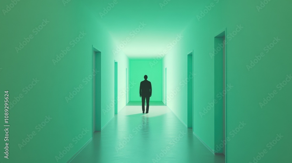 a person standing in a greenlit corridor with multiple doorways a person standing in a greenlit corridor with multiple doorways