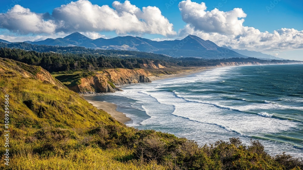 Coastal landscape showcasing dramatic cliffs, rolling waves, and majestic mountains under a bright blue sky with fluffy clouds. Coastal landscape showcasing dramatic cliffs, rolling waves, and majestic mountains under a bright blue sky with fluffy clouds.