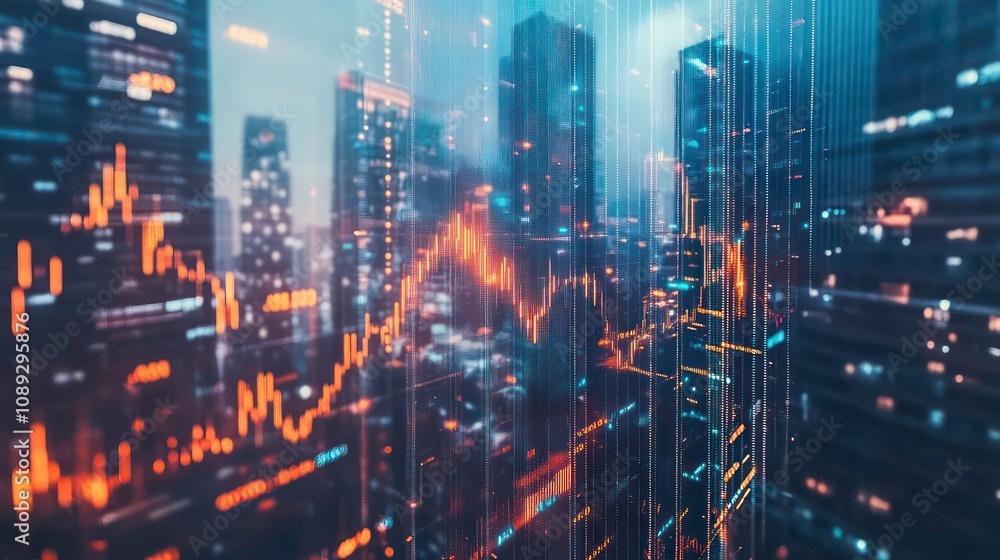 Naklejka premium Real estate investing and trading concept on business skyscrapers with graph data and digital stock market