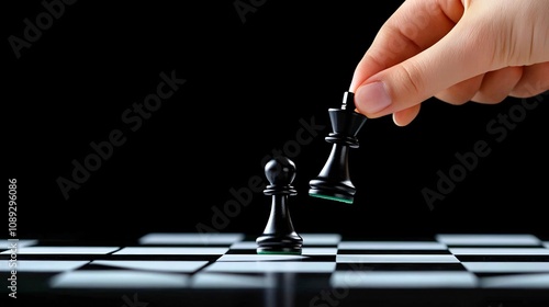 Hand Picking up Chess Piece on Chessboard Symbolizing Strategic Move photo