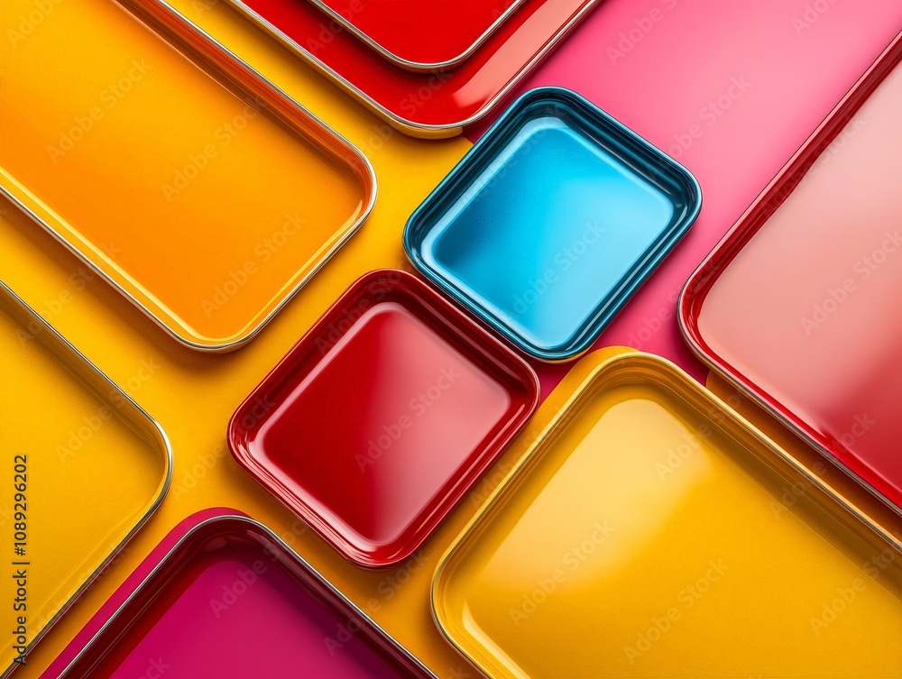 A Vibrant Collection of Shiny Lacquered Metal Trays in Bright Colors Arranged Artistic Style on a Colorful Background, Showcasing a Palette of Gradients and High Fidelity Design Elements A Vibrant Collection of Shiny Lacquered Metal Trays in Bright Colors Arranged Artistic Style on a Colorful Background, Showcasing a Palette of Gradients and High Fidelity Design Elements