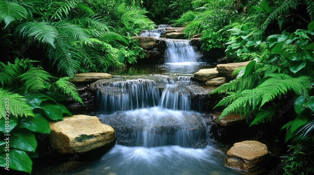 Gentle stream flowing through a vibrant rainforest, cascading over smooth stones surrounded by lush greenery and ferns, creating a tranquil atmosphere. Gentle stream flowing through a vibrant rainforest, cascading over smooth stones surrounded by lush greenery and ferns, creating a tranquil atmosphere.