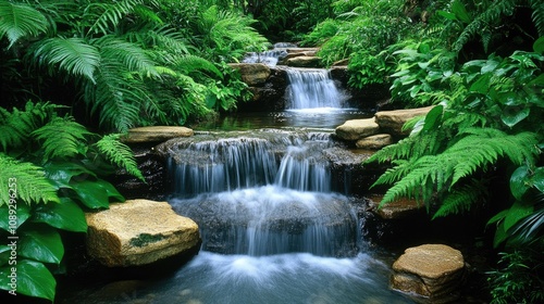 Gentle stream flowing through a vibrant rainforest, cascading over smooth stones surrounded by lush greenery and ferns, creating a tranquil atmosphere.