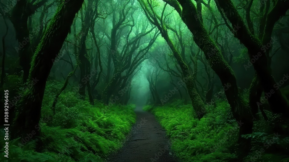 Mysterious foggy path through enchanted forest nature lush green environment Mysterious foggy path through enchanted forest nature lush green environment