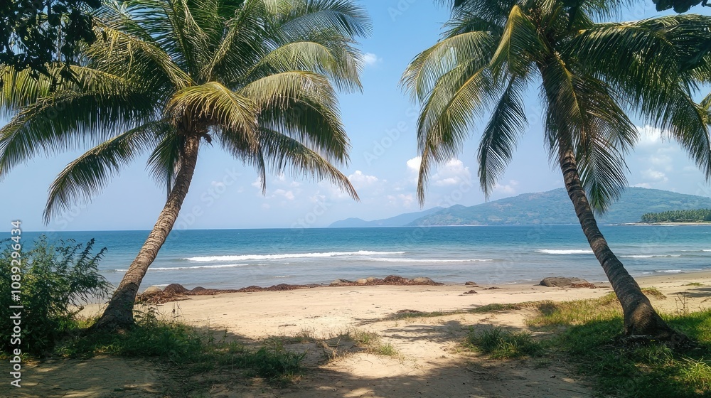 Fototapeta premium Tropical beach scene featuring lush coconut palm trees framing a tranquil shoreline with gentle waves and distant hills under a clear blue sky.