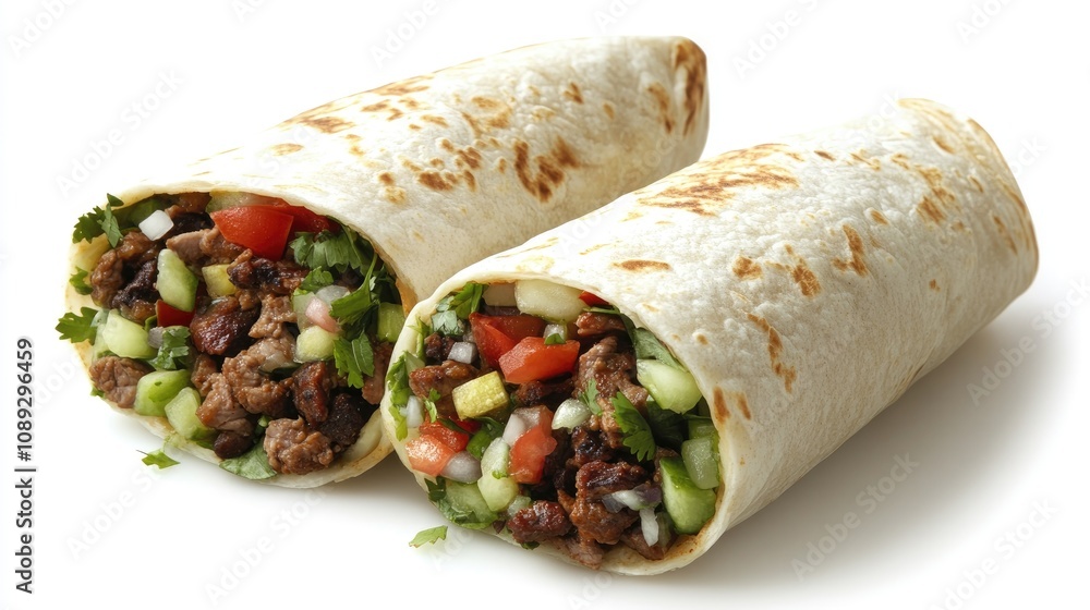 Two delicious burritos filled with seasoned meat, fresh diced vegetables, and vibrant herbs wrapped in soft flour tortillas. Two delicious burritos filled with seasoned meat, fresh diced vegetables, and vibrant herbs wrapped in soft flour tortillas.