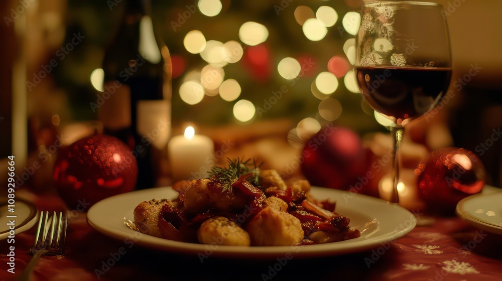 A festive Christmas dinner table setting with a plate of food, a glass of wine, and a bottle of wine. A festive Christmas dinner table setting with a plate of food, a glass of wine, and a bottle of wine.