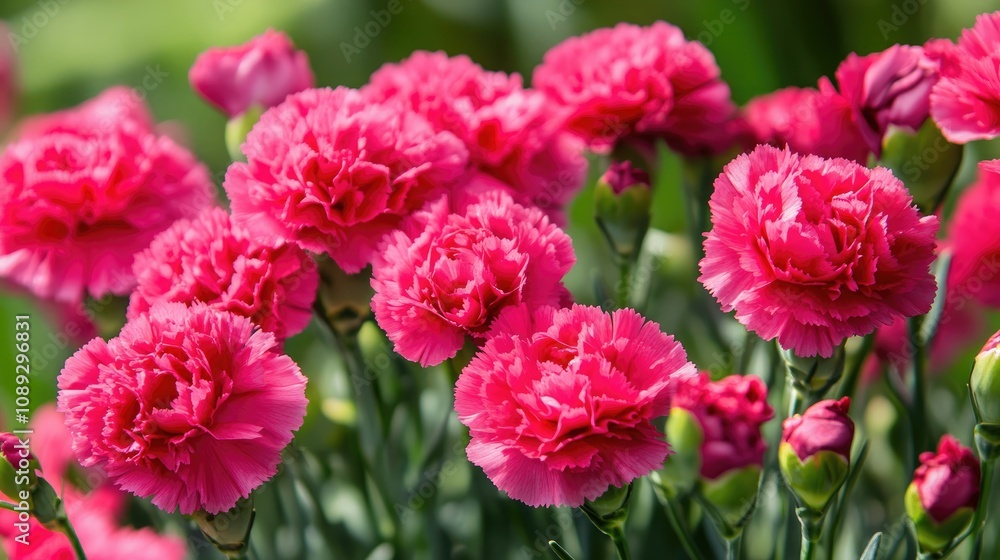 Vibrant pink carnation flowers in full bloom with delicate butterflies fluttering amid lush green foliage in warm spring sunlight Vibrant pink carnation flowers in full bloom with delicate butterflies fluttering amid lush green foliage in warm spring sunlight