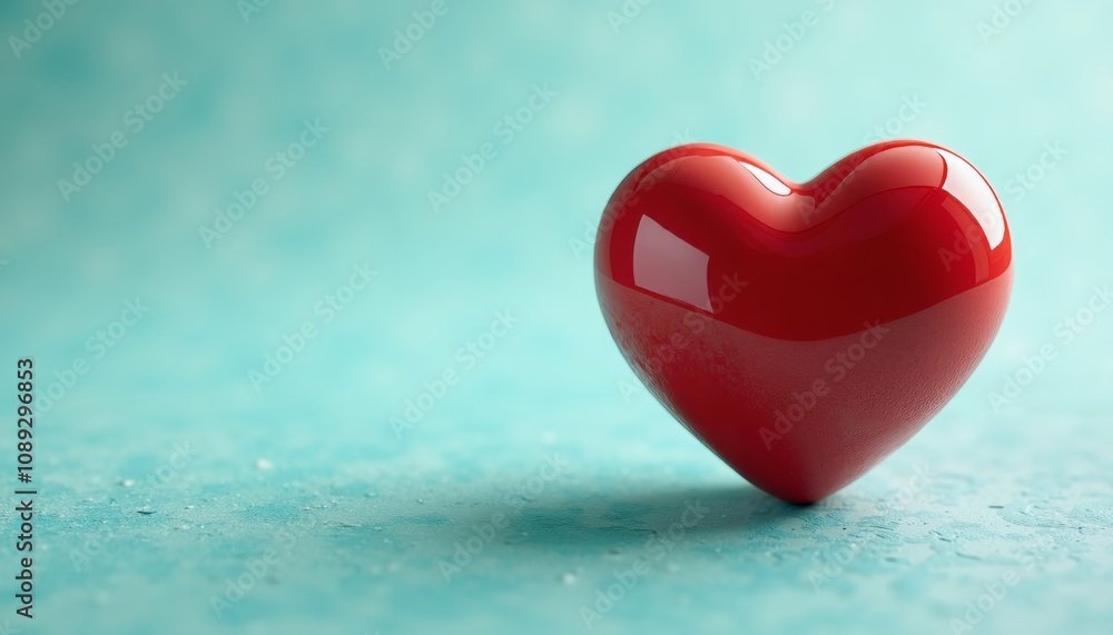 Fototapeta premium Glossy Red Heart Close-Up on Textured Surface with Turquoise Hue
