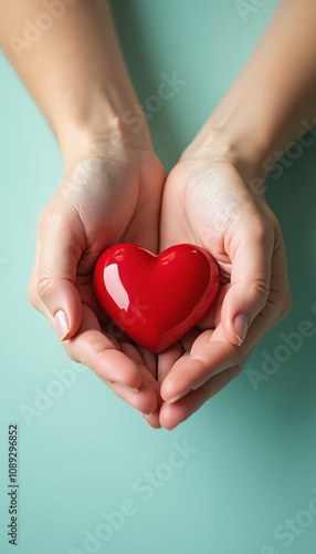 Hands Cradling a Shiny Red Heart Symbolizing Love and Care.