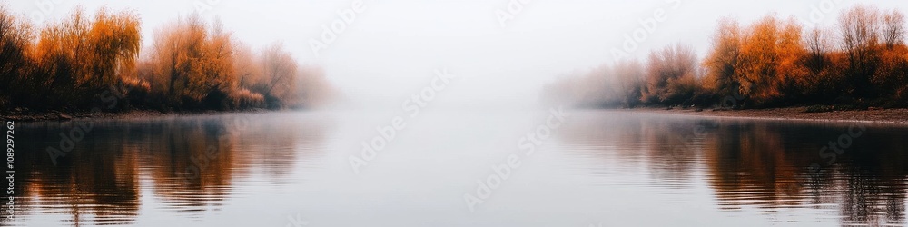 Foggy river landscape serene nature scene with autumn trees and still waters Foggy river landscape serene nature scene with autumn trees and still waters