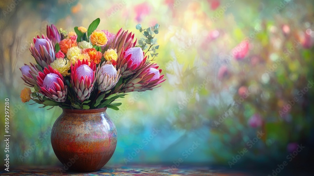 Vibrant Protea Flower Bouquet in Rustic Ceramic Vase Against a Dreamy Garden Background with Soft Blurs and Colorful Blooms Vibrant Protea Flower Bouquet in Rustic Ceramic Vase Against a Dreamy Garden Background with Soft Blurs and Colorful Blooms