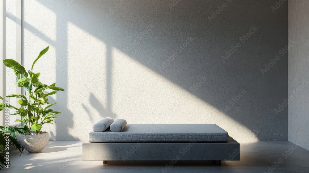 Fototapeta premium Serene minimalist spa room featuring a massage bed, soft lighting, and a potted plant, creating an inviting atmosphere for relaxation and wellness.