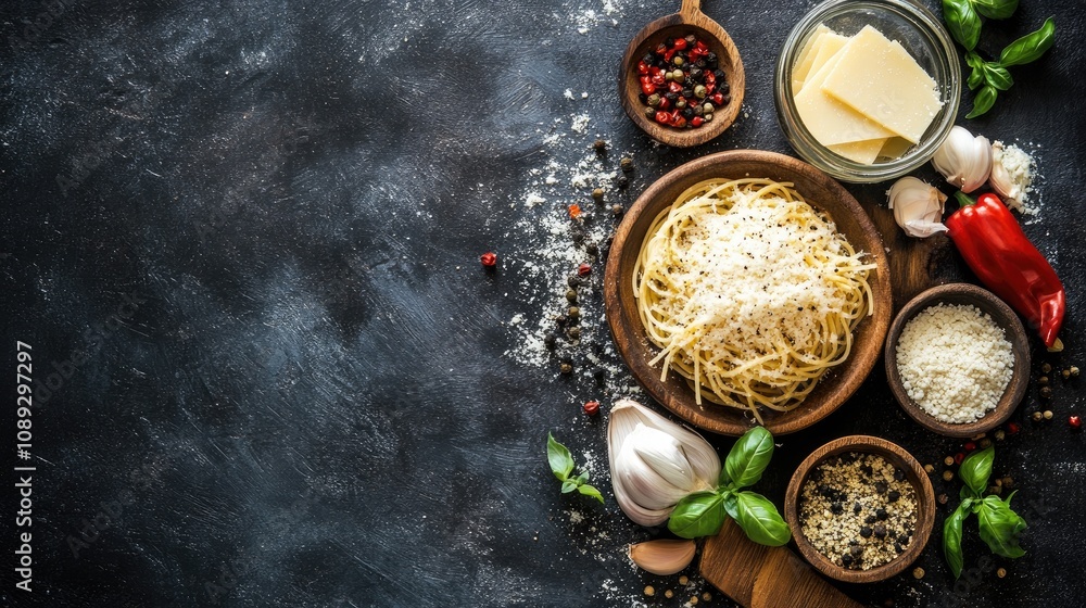 Overhead view of Spaghetti Cacio e Pepe with pecorino cheese, pepper, and fresh ingredients on a dark surface, highlighting a classic Italian dish with ample copy space.