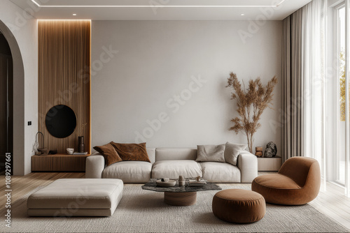 A minimalist modern living room featuring a light-toned sofa with brown and gray pillows, a stone coffee table, and a large circular artwork on the wall.