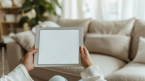 Mockup image of a woman holding digital tablet with blank white desktop screen in the outdoors on the background there is a room with a sofa and plants.