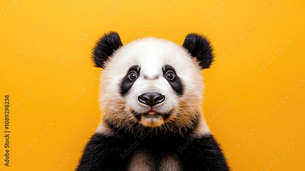 Surprised panda close-up against a bright yellow backdrop showcasing expressive features and playful demeanor Surprised panda close-up against a bright yellow backdrop showcasing expressive features and playful demeanor