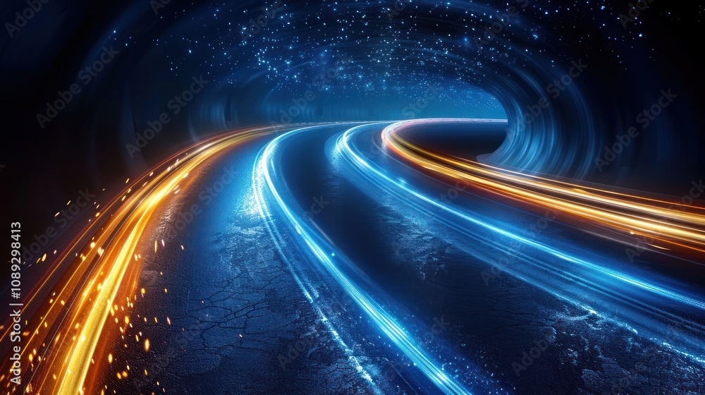 Glowing light trails curve through a dark tunnel. Glowing light trails curve through a dark tunnel.