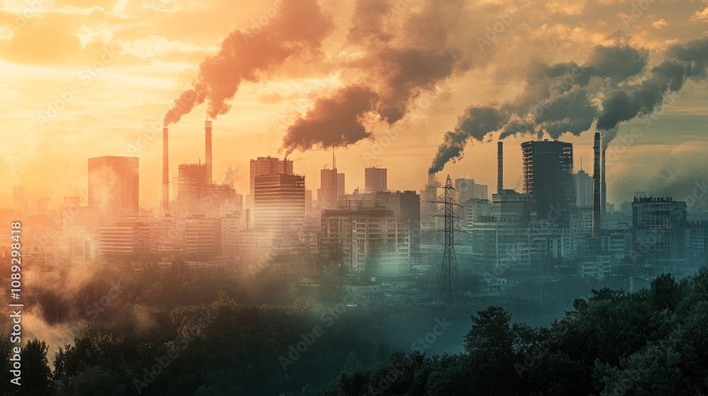 Obraz premium Industrial cityscape at sunrise with multiple smokestacks emitting pollution, overshadowing the silhouette of a city with buildings amongst trees under a hazy orange sky.