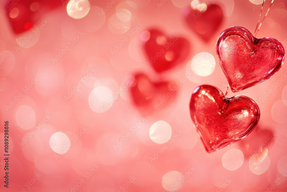 A soft pink background with floating glossy red heart decorations. A soft pink background with floating glossy red heart decorations.