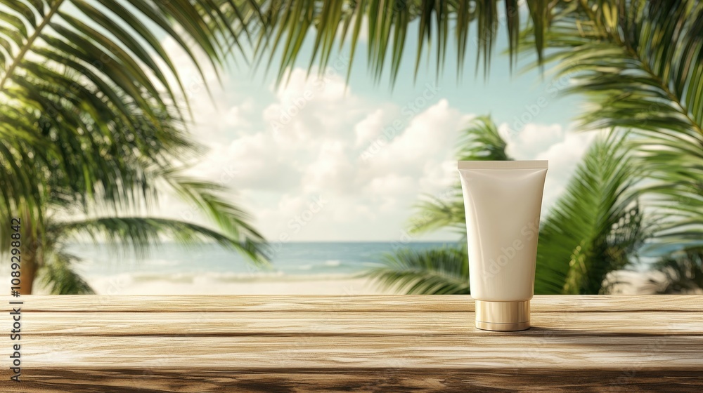 Cream tube on rustic wooden table with a serene palm tree backdrop, evoking a tropical beauty product with coconut oil essence, perfect for advertising or mockup use. Cream tube on rustic wooden table with a serene palm tree backdrop, evoking a tropical beauty product with coconut oil essence, perfect for advertising or mockup use.