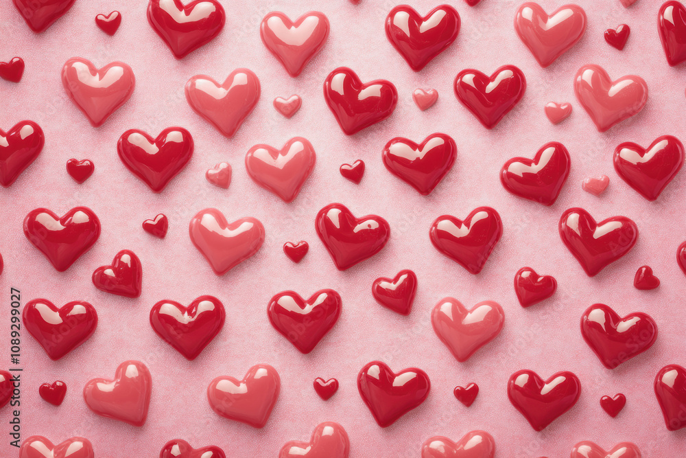 A background filled with glossy red and pink heart shapes scattered over a soft pink surface. A background filled with glossy red and pink heart shapes scattered over a soft pink surface.
